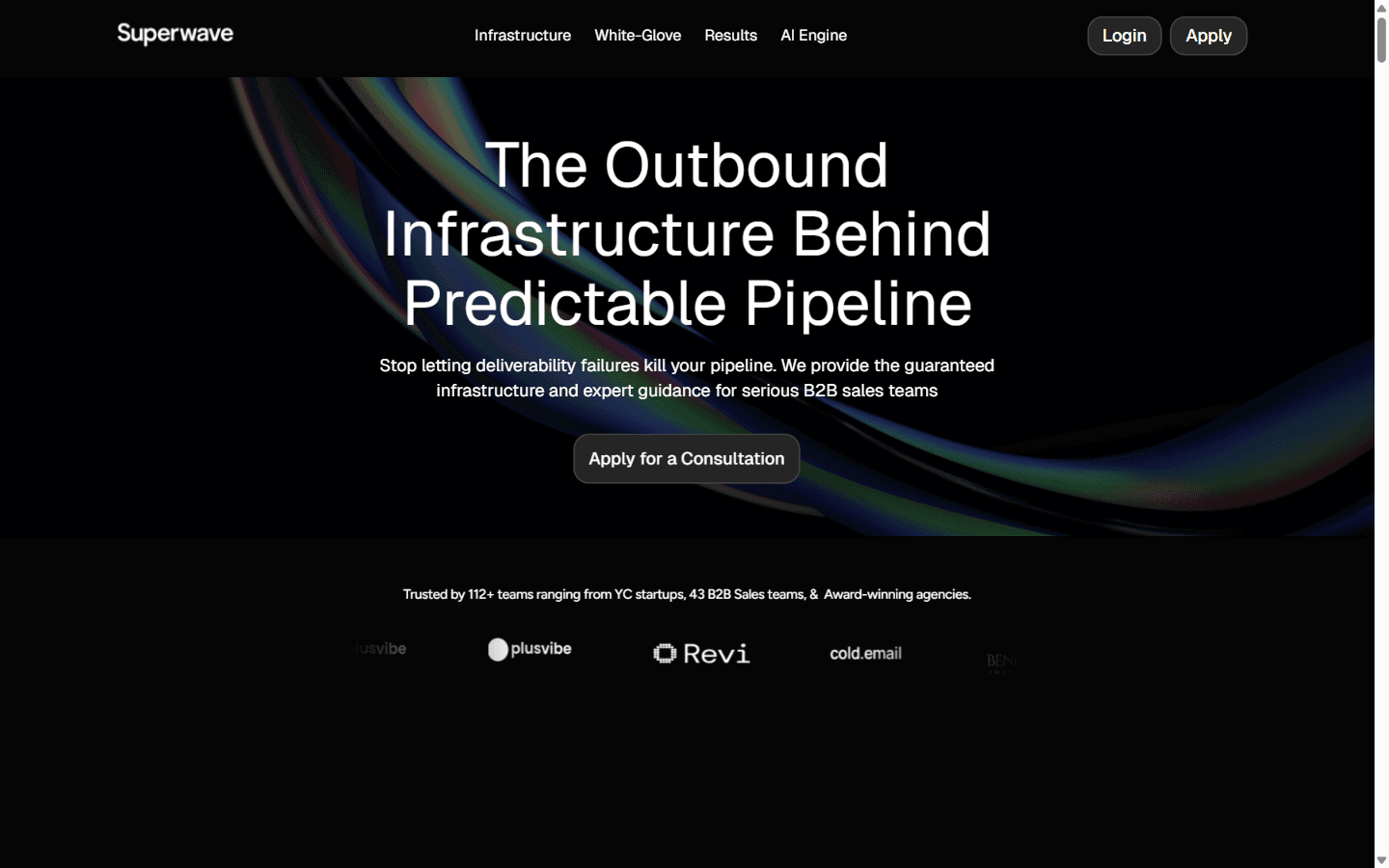 SuperWave homepage advertising guaranteed email deliverability and an outbound sales platform