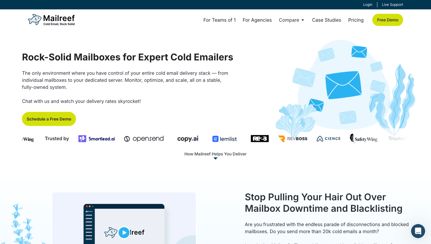 Mailreef homepage showing email infrastructure service